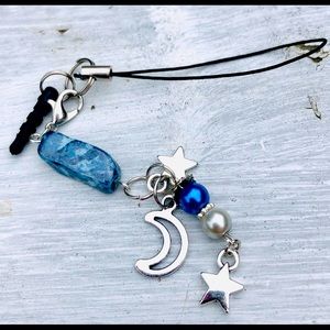 Moon Stars Cell Phone Charm Strap Silver Blue Plug